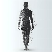 Abstract silhouette of human figure with half fingerprint pattern and half dissolving particles effect on white background, representing digital identity concept.
