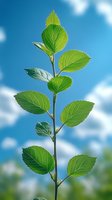 Fresh green plant stem with vibrant leaves against blue sky with white clouds, showing natural growth pattern and detailed leaf structure in sunlight.