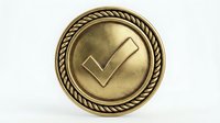 Golden bronze medal with checkmark symbol and rope border design isolated on white background for awards and achievement recognition.
