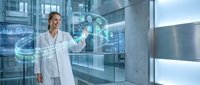 Female doctor in white coat interacting with futuristic holographic medical interface in modern hospital laboratory for healthcare technology concepts.