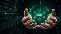 Corporate governance concept with hands protecting digital business structure in futuristic cyber environment for professional presentations.