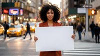 Young African American woman holding blank white sign on busy city street at dusk with blurred traffic and pedestrians in background for advertising mockup.