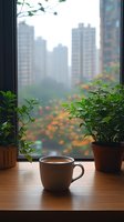 Coffee cup on wooden windowsill with houseplants against city skyline view through window, creating cozy urban atmosphere with morning fog and autumn colors.
