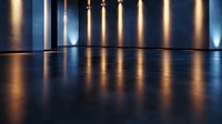 Dramatic illuminated columns casting golden reflections on polished floor surface create modern architectural atmosphere with warm and cool lighting effects.