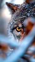 Close-up of wolf eye with golden amber iris and detailed fur texture covered in snow flakes during winter season for wildlife photography projects.