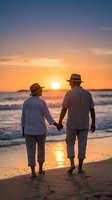 Senior couple holding hands walking on beach at sunset with golden sky and ocean waves creating romantic atmosphere for retirement lifestyle concepts.