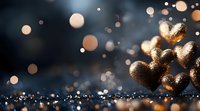 Shimmering golden hearts with bokeh lights on dark background, perfect for Valentine's Day, love, romance, wedding, celebration, and festive greeting card designs.