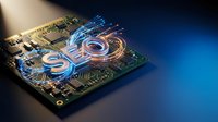 Futuristic circuit board with glowing 5G symbols and digital light trails showcasing advanced telecommunications technology and connectivity innovation.