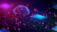 Glowing digital brain and microprocessor on circuit board with purple and blue neon lights, representing artificial intelligence and machine learning technology.