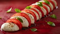 Fresh caprese salad with alternating slices of ripe tomatoes and mozzarella, garnished with basil leaves and black pepper on dark red background. Perfect for menu design.