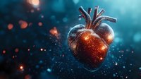 Anatomical heart glowing with magical orange light against dark blue background with bokeh particles and sparkles floating in space. Medical concept.