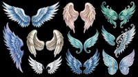 Angelic wings collection isolated on transparent background, featuring multiple hand-drawn styles in blue, pink, teal, and gold. Ready for t-shirt design, clipart, stickers, sublimation, and print-on-demand projects.