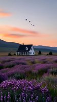 White farmhouse with wraparound porch stands amid blooming lavender field at sunset, purple flowers stretching toward mountains, orange sky with floating spheres above.