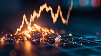 Financial market data visualization with glowing stock chart line over digital surface, dramatic lighting and bokeh effects creates modern business atmosphere.