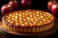 Fresh baked apple pie with lattice crust on wooden board, surrounded by red apples against dark background, golden brown pastry with caramelized surface.