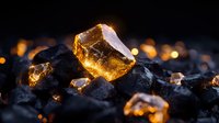 Glowing amber crystals on black coal with warm bokeh lights in dark background, macro photography showing transparent mineral structure and light refraction.