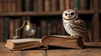 Curious spotted owl perched on vintage open book in library setting with antique lamp, creating magical academic atmosphere. Knowledge and wisdom concept.