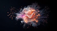 Ethereal glowing abstract explosion with translucent smoke and light particles in dark space, featuring orange and pink luminous effects against black background.