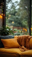 Cozy window seat with knit blanket and pillows on rainy day, raindrops on glass, soft bokeh lights and green garden view creating peaceful atmosphere.