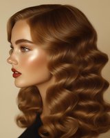 Side profile of a young woman with luxurious wavy brown hair styled in classic Hollywood waves, wearing red lipstick and luminous makeup against a neutral beige background.
