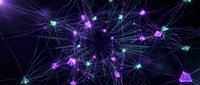 Abstract digital network with glowing purple and blue nodes connected by luminous lines on dark background for technology and data visualization concepts.