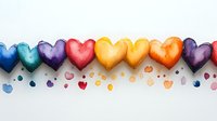 Watercolor rainbow hearts border with colorful splashes and dots on white background, romantic pattern for valentines day cards and love designs.