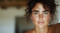 Young woman with natural freckles, curly dark hair and bright blue eyes in casual brown sweater looking at camera with gentle smile. Soft natural lighting.