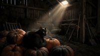 Black cat sitting among orange pumpkins in rustic wooden barn with dramatic sunlight streaming through opening. Autumn harvest scene for Halloween decor.