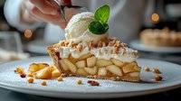 Slice of homemade apple pie with vanilla ice cream scoop, fresh mint garnish and crumble topping on white plate. Caramelized apples and crust visible in layers.