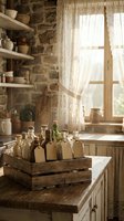 Rustic farmhouse kitchen interior with vintage glass bottles in wooden crate on table, stone wall, lace curtains and natural sunlight streaming through window.