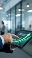 Businessman in office holding tablet displaying positive market performance chart with green upward trend graph for financial analysis and investment strategy.