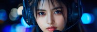 Young Asian woman gamer with headset in neon blue gaming setup. Esports player portrait with bokeh lights background for streaming content.