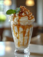 Creamy vanilla milkshake topped with whipped cream, drizzled with caramel sauce, garnished with crushed nuts and fresh mint leaf in tall glass against blurred cafe.