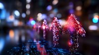 Glowing digital arrows pointing upward with binary code texture against blurred city lights background, representing financial growth and market trends.