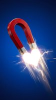 Red horseshoe magnet with bright electric energy sparks and lightning bolts on blue background for science education and physics concepts.