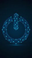 Digital power button symbol made of glowing blue connected lines and dots on dark background for technology and innovation concepts.