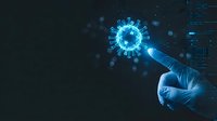 Medical professional in gloves pointing at glowing coronavirus molecule with digital data interface for healthcare research and pandemic analysis.