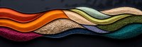 Colorful fabric samples arranged in flowing waves showcasing textile variety for interior design and fashion projects with rich textures and materials.