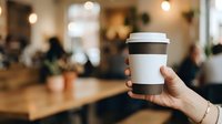 Hand holding white takeaway coffee cup with brown sleeve in modern cafe interior with blurred background and seated customers, suitable for beverage, hospitality and lifestyle marketing.