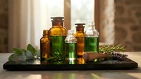 Natural herbal essential oils in amber and green glass bottles with fresh herbs on wooden tray for aromatherapy and wellness treatments.