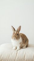 Brown and white rabbit sitting on cream cushion against neutral background, suitable for pet care, animal wellness, and lifestyle editorial content.