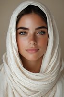 Middle Eastern woman wearing white hijab headscarf with natural makeup, freckles and striking blue eyes looking directly at camera against neutral background.