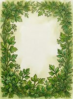 Botanical herb border frame with hand-drawn green foliage and leaves on cream background, isolated design element suitable for invitations, menus, certificates, and decorative layouts.