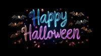 Neon Happy Halloween text with flying bats and sparkles on black background for spooky holiday celebration and party decorations.