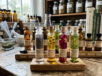 Herbal essential oil bottles with lavender, chamomile, rose, and rosemary on wooden tray in apothecary shop, natural aromatherapy collection.