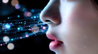 Digital particles flowing from woman's mouth representing data transmission, artificial intelligence communication, and futuristic technology concepts.