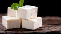 Fresh white cheese cubes with mint leaf on wooden surface. Dairy product for cooking, appetizers and healthy eating concepts.