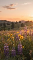 Wildflower meadow with purple lupines and yellow blooms at golden hour sunset over rolling hills countryside landscape for nature and seasonal content.