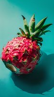 Fresh pink dragon fruit with green leaves on turquoise background casting dramatic shadow, exotic tropical fruit in vibrant colors for healthy eating concept.
