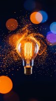 Glowing incandescent bulb with sparkling particles and bokeh lights on dark background, representing energy, innovation, and creative ideas for design projects.